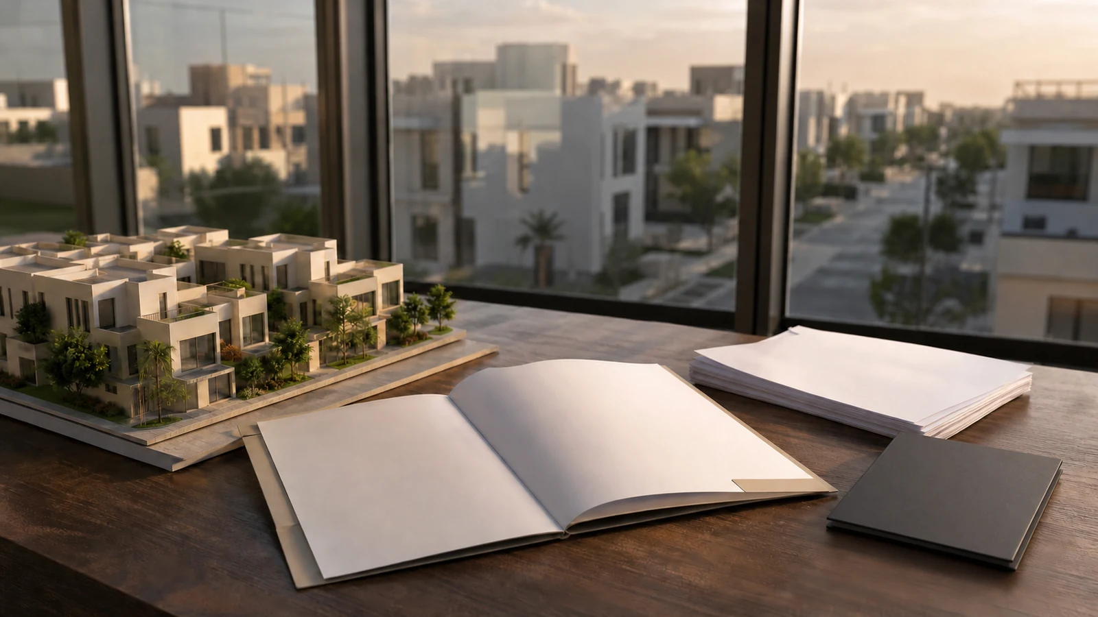 مجسم لمشروع سكني وملفات تمويل فارغة داخل مكتب حديث