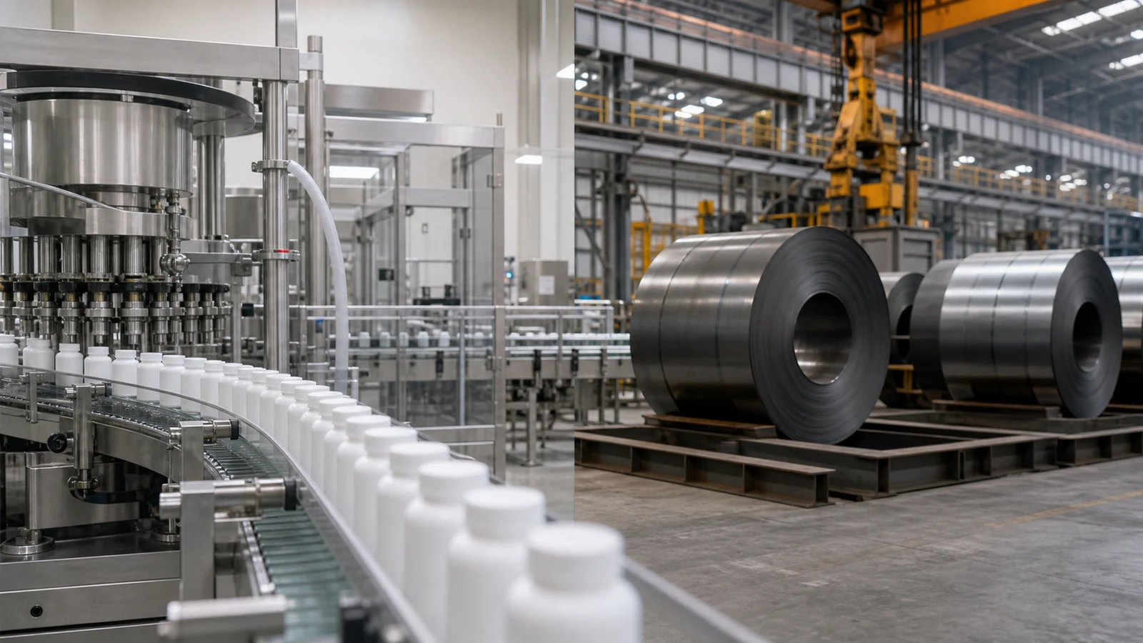 خط تعبئة دوائية بلا علامات بجوار مصنع للمنتجات الحديدية