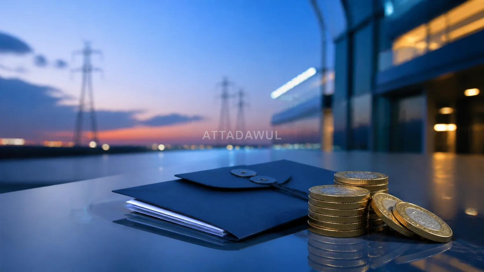 مغلف وأقراص نقدية غير مميزة أمام بنية تحتية كهربائية في مشهد تحريري تجريدي