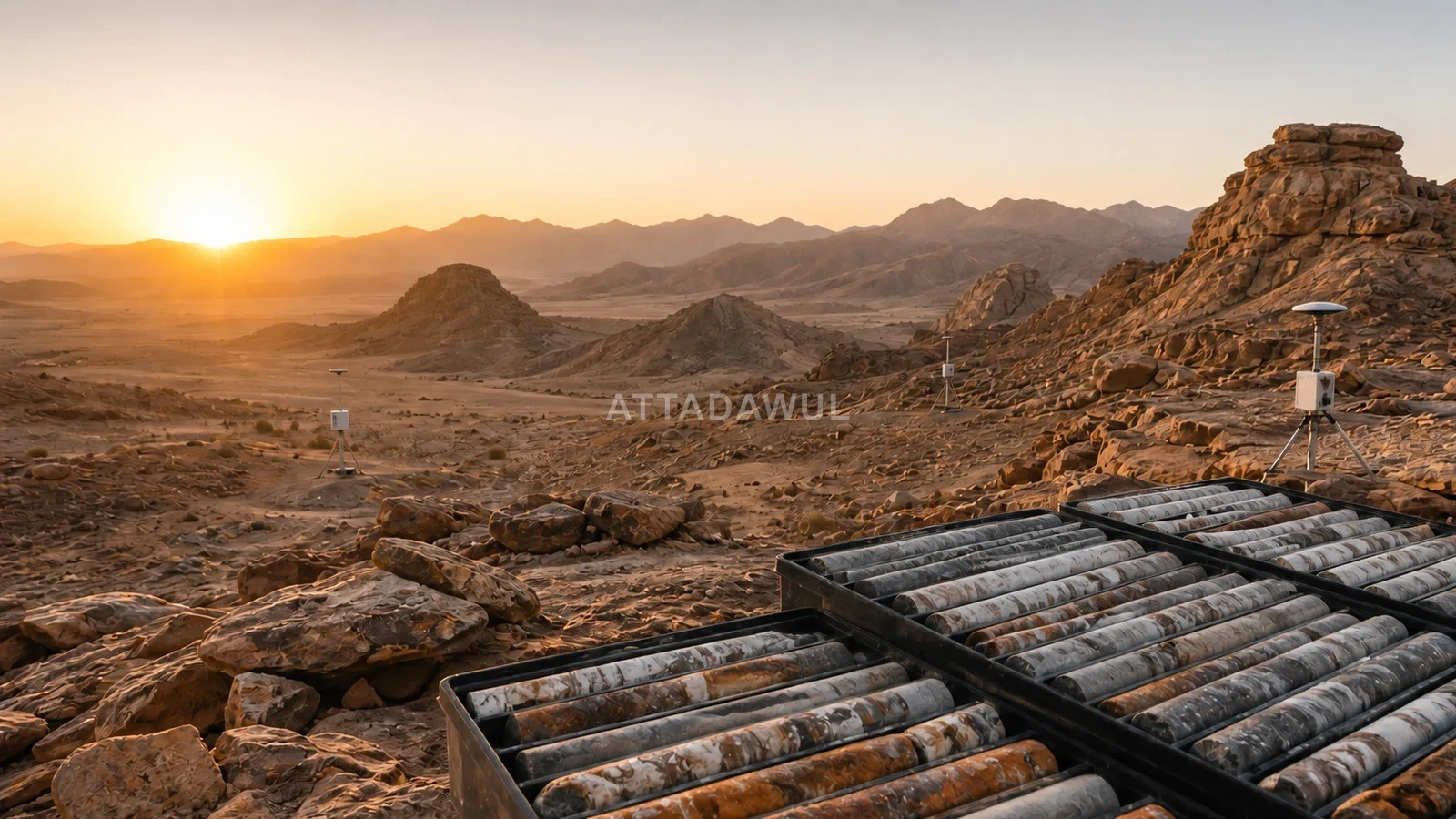 مشهد تصوري للاستكشاف الجيولوجي في صحراء سعودية مع عينات صخرية وأجهزة مسح