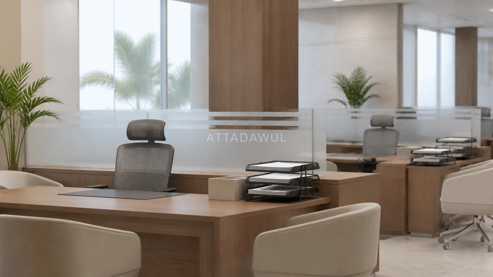 مكتب خدمات تأمينية حديث بتصميم محايد وزجاج مصنفر