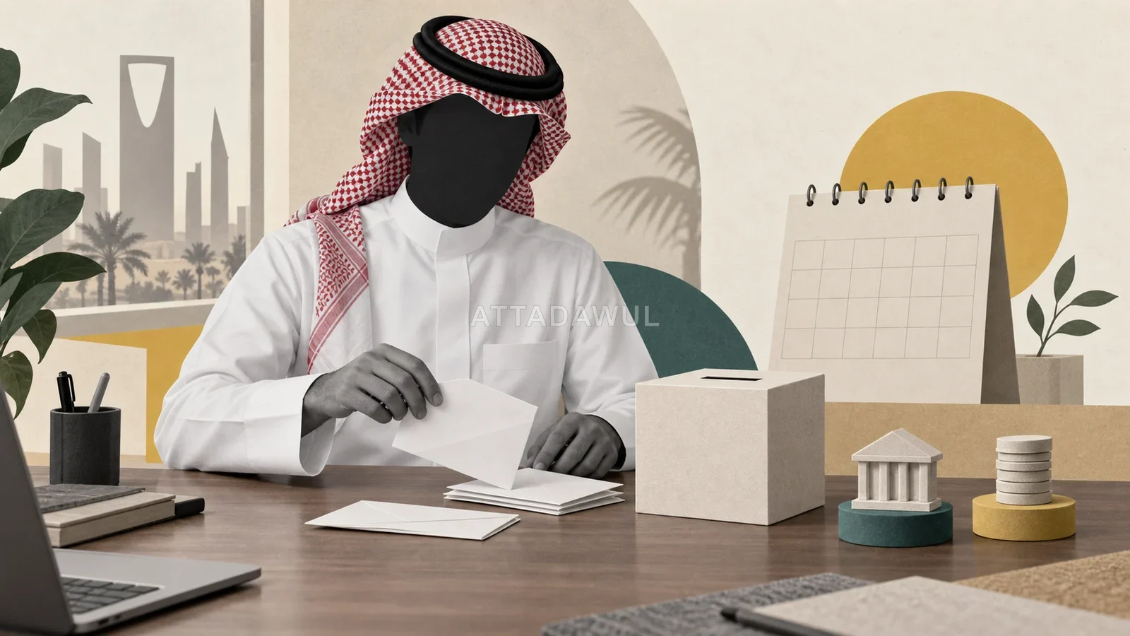 شاب سعودي يقسم مدخراته في مظاريف بجوار صندوق ادخار وتقويم فارغ