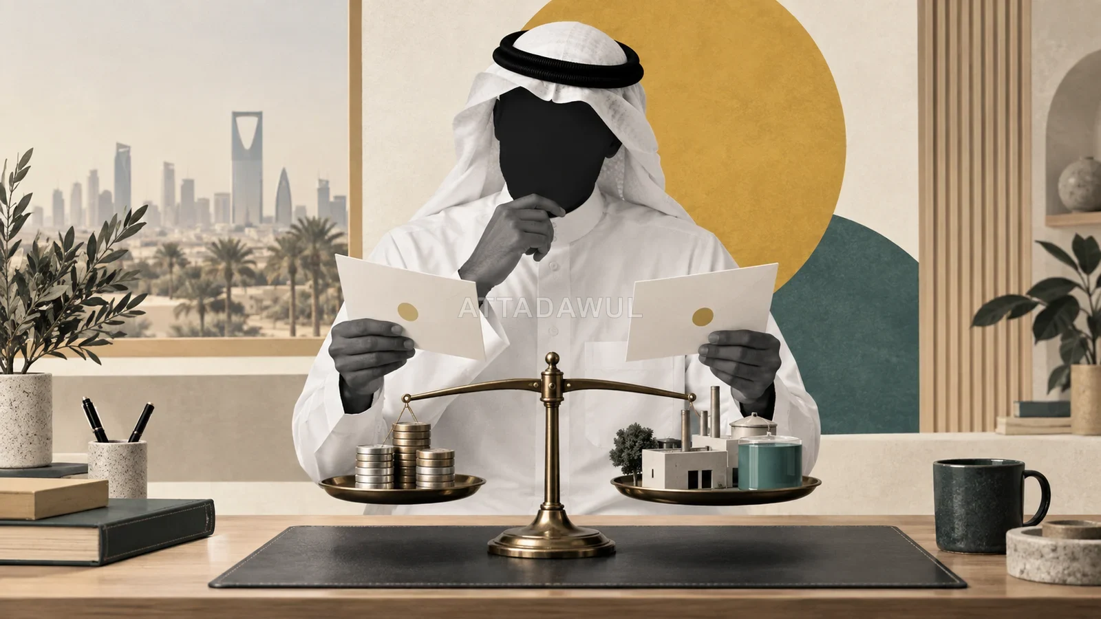 رسم مفاهيمي لمستثمر سعودي يقارن توزيعات نقدية بقدرة الشركة على توليد الأرباح والسيولة