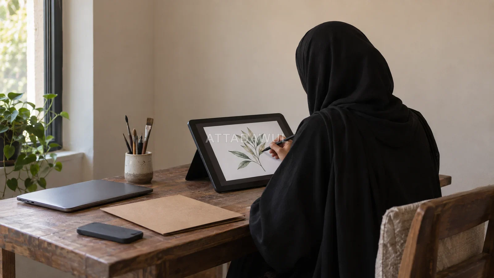 صورة مفاهيمية لمستقلة سعودية تنظم عملها الرقمي من استوديو منزلي