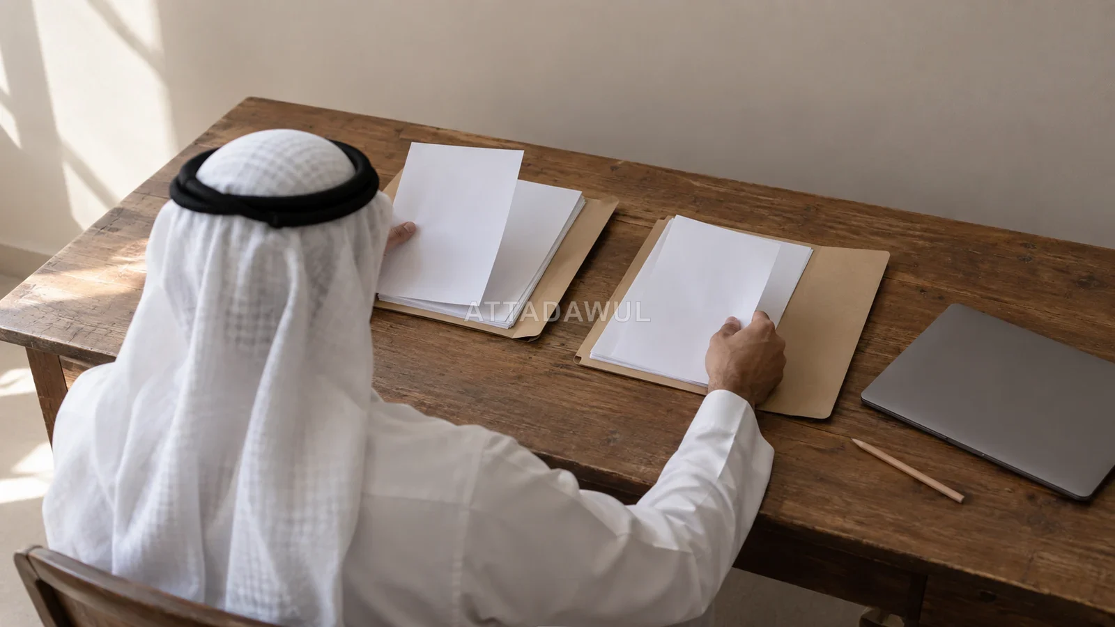 صورة مفاهيمية لمستثمر سعودي يفصل بين سجلين ماليين على مكتبه