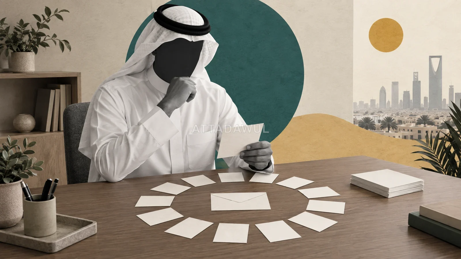 رسم تحريري لمستخدم سعودي يراجع بطاقات جمعية مالية مرتبة في دائرة