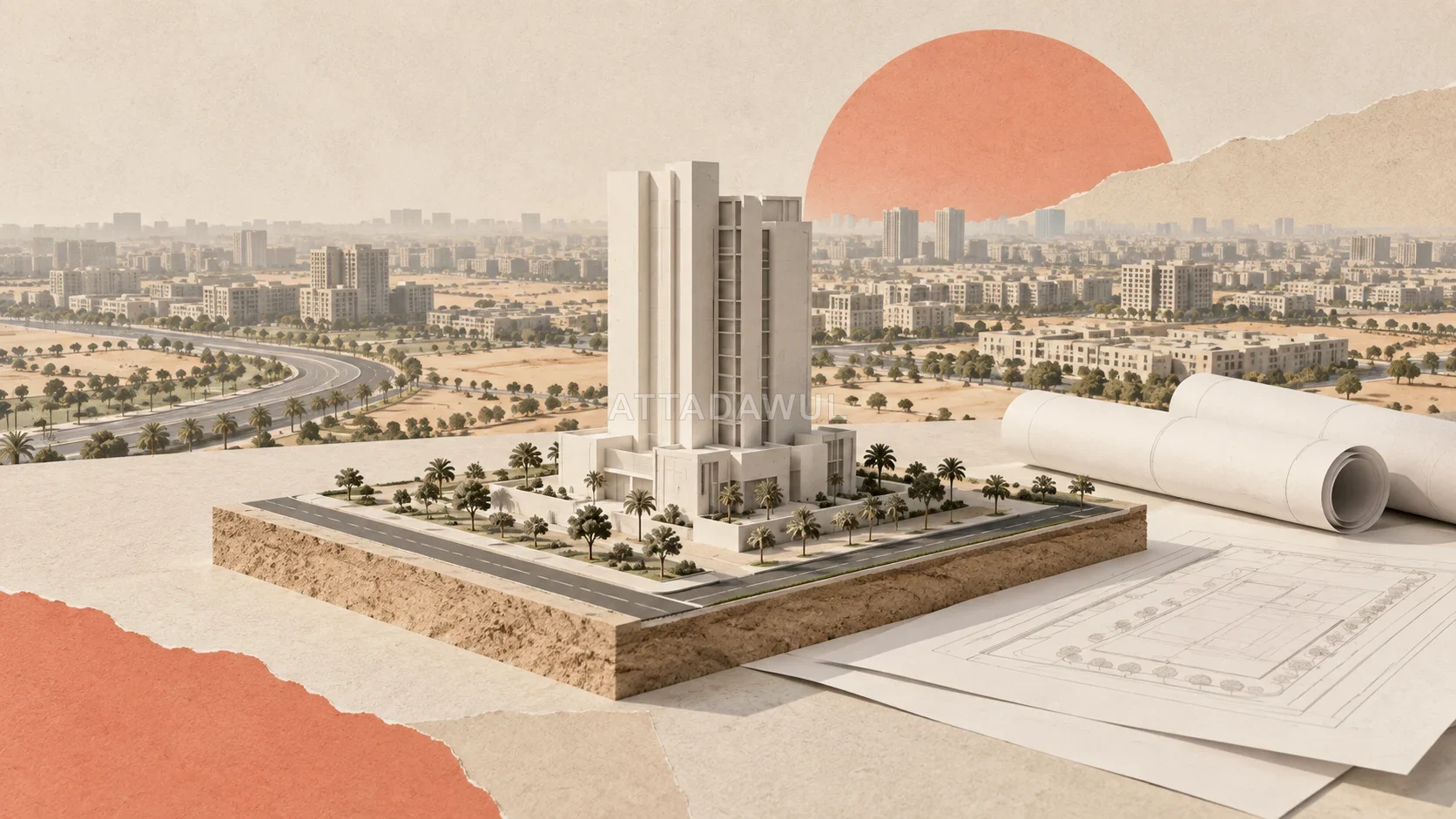 تصور تحريري مفاهيمي لقطعة أرض ونموذج برج سكني في بيئة عمرانية سعودية
