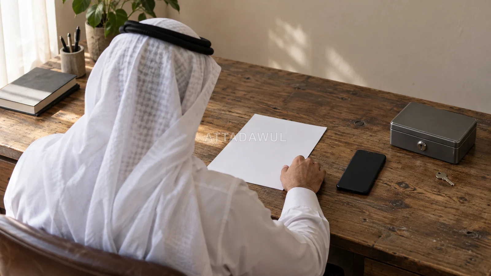 مستخدم سعودي يراجع ورقة فارغة بجوار هاتف مغلق وصندوق معدني بمفتاح