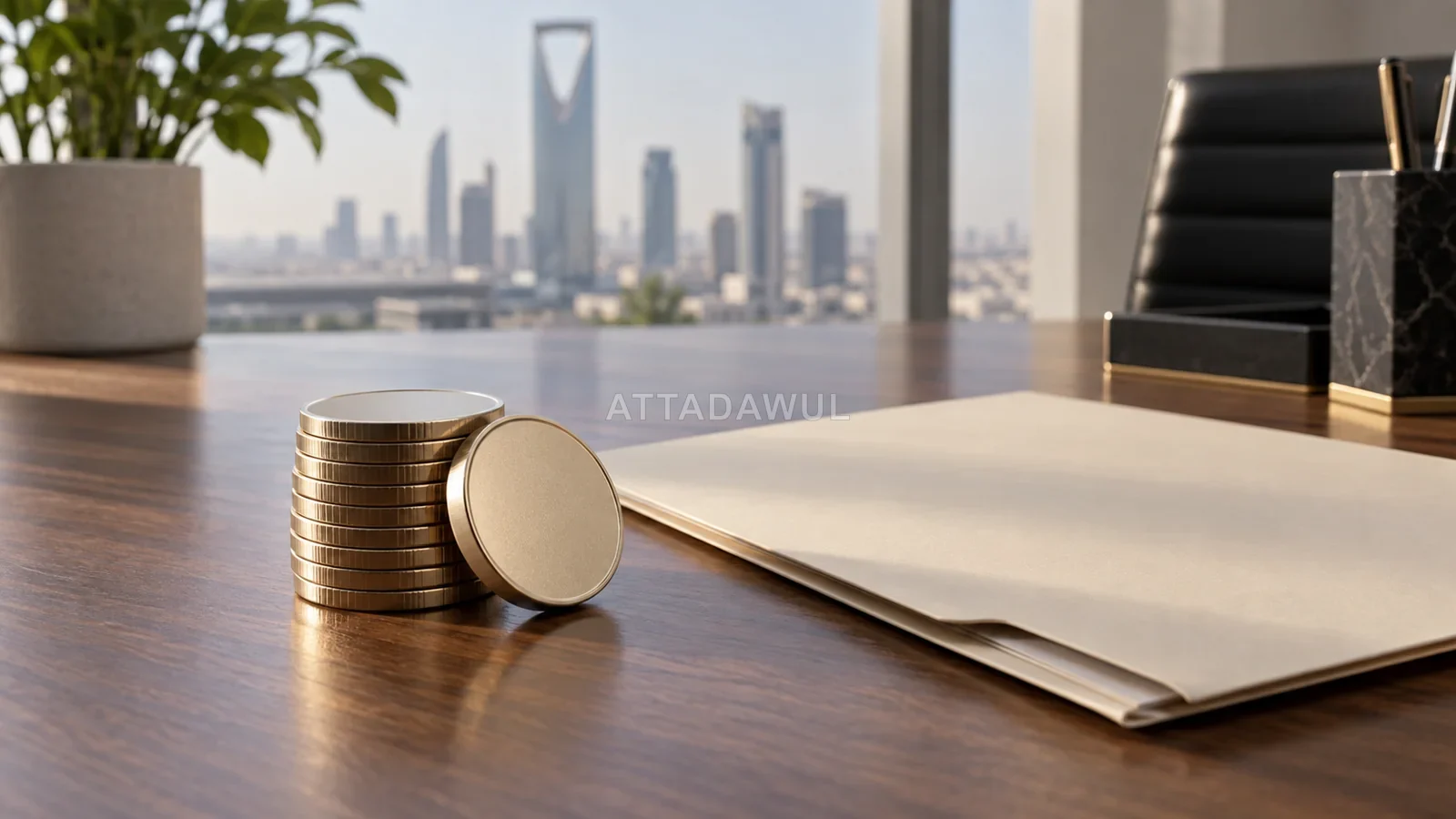 قطع نقدية غير منقوشة وملف خالٍ ضمن مشهد تحريري مفاهيمي لتوزيعات الأرباح