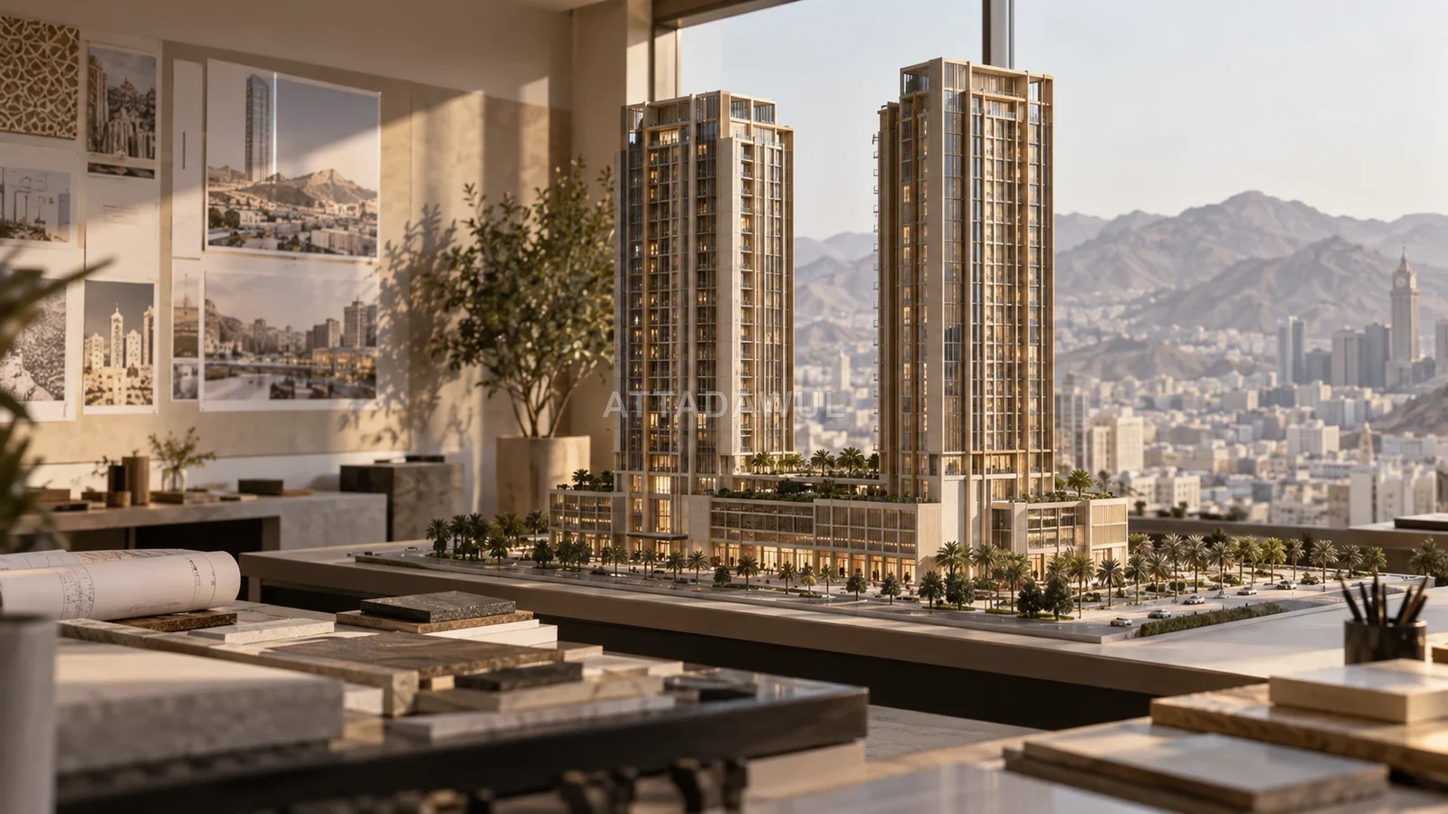 مجسم معماري تصوري لبرجين ومرافق متعددة الاستخدامات